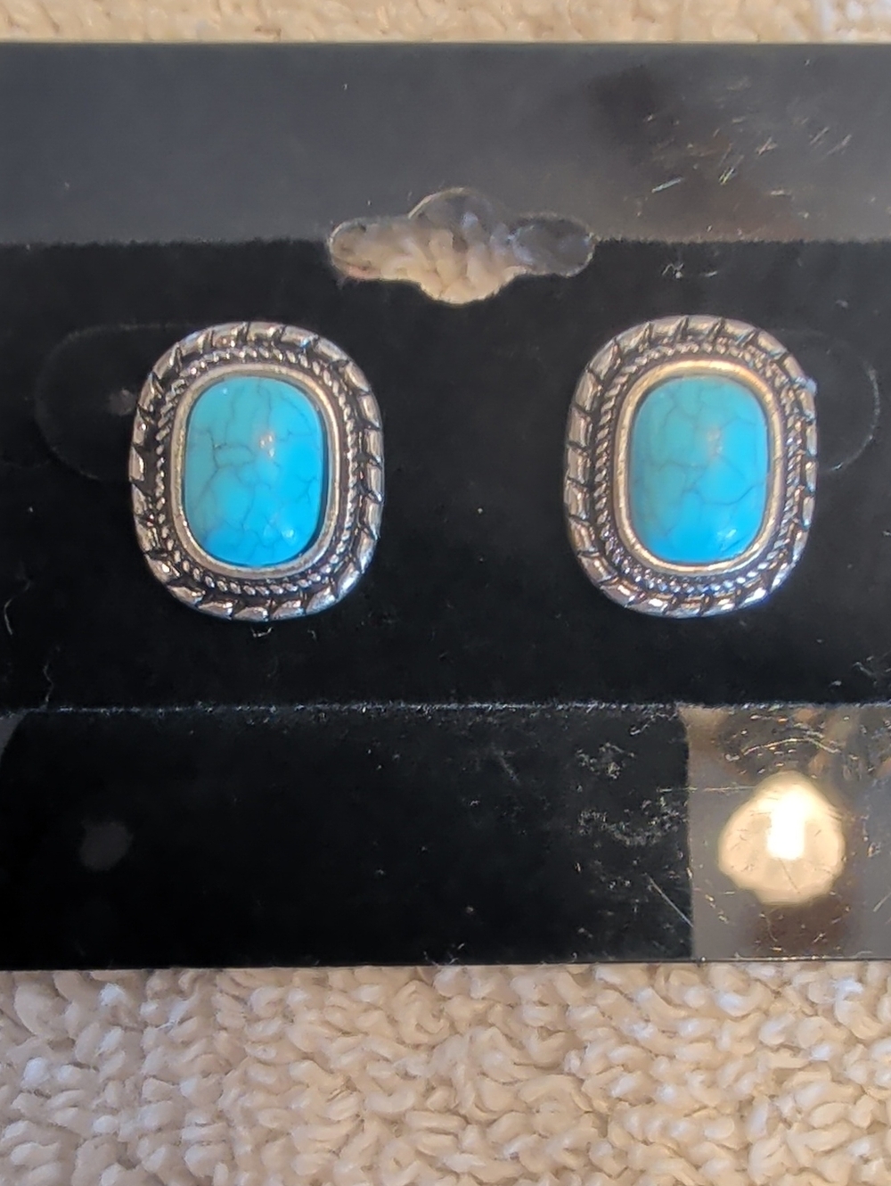 Silver Frame Turquoise Stone Stud Earrings - Blue